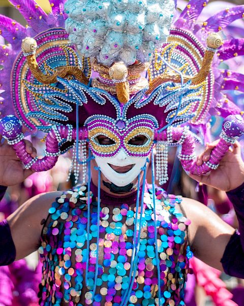 A person in a vibrant carnival costume with a mask and feathers.